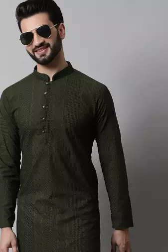 Men green embroidered cotton kurta pajama