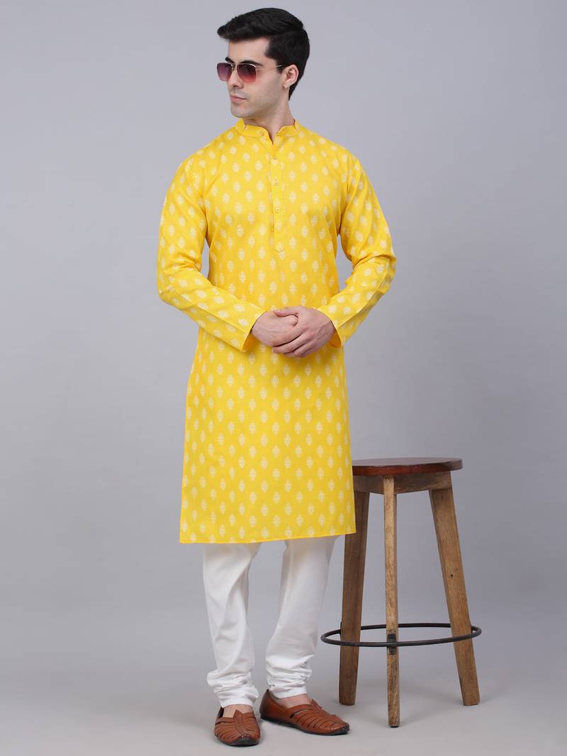 Men yellow printed cotton kurta pajama