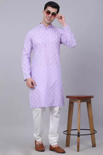 Men purple printed cotton kurta pajama