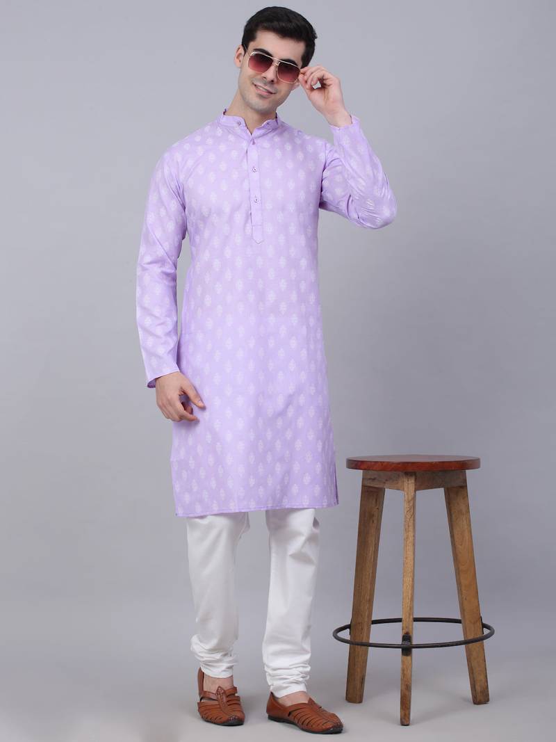 Men purple printed cotton kurta pajama