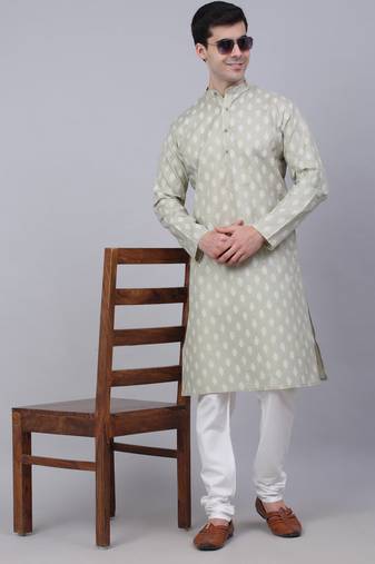 Men grey printed cotton kurta pajama