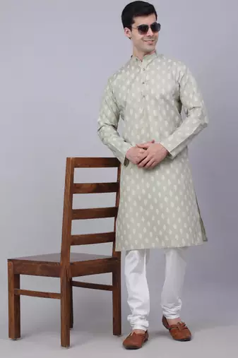 Men grey printed cotton kurta pajama