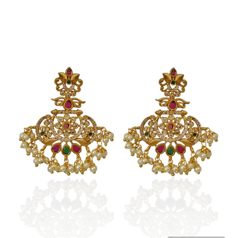 Matt gold kempu cz chandbali earrings for women ruby emerald pearls