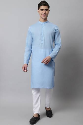Men blue solid cotton kurta pajama