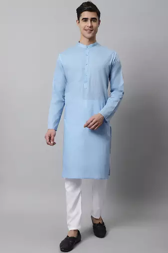 Men blue solid cotton kurta pajama