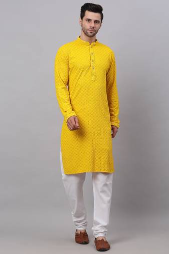 Men yellow embroidered cotton kurta pajama