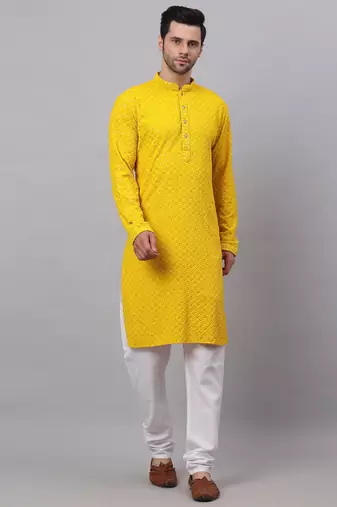 Men yellow embroidered cotton kurta pajama