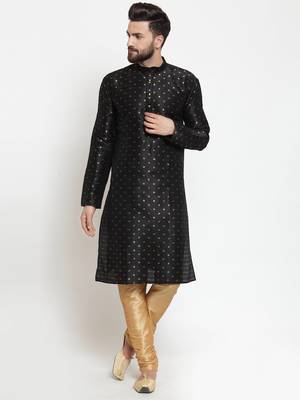 Men black printed dupion silk kurta pajama 1