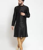 Men black printed dupion silk kurta pajama