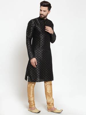Men black printed dupion silk kurta pajama 2