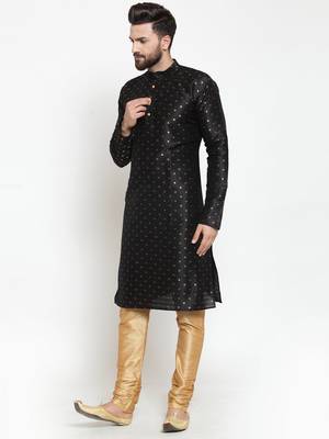 Men black printed dupion silk kurta pajama 4