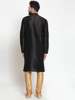Men black printed dupion silk kurta pajama 5