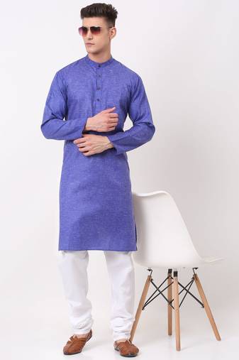 Men blue solid cotton kurta pajama