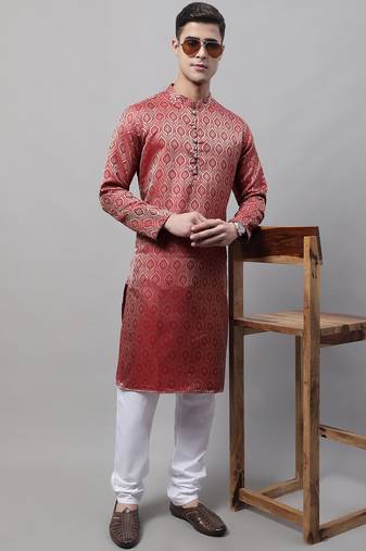 Men maroon woven silk blend kurta pajama