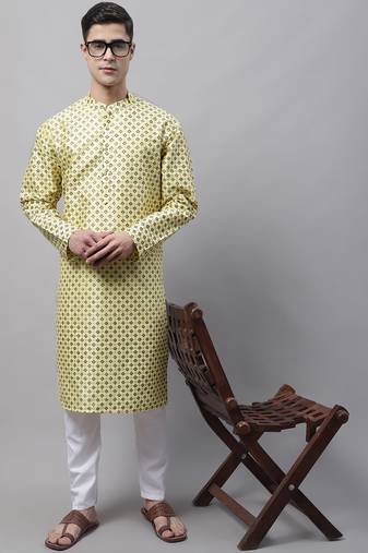 Men yellow printed silk blend kurta pajama