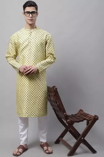 Men yellow printed silk blend kurta pajama