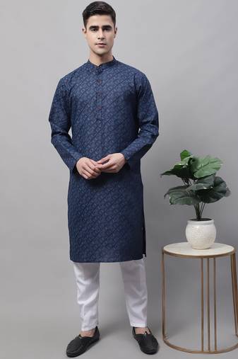Men blue printed cotton kurta pajama