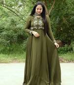 Women's designer hand embroidered olive green gown