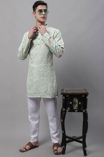 Men green embroidered cotton kurta pajama
