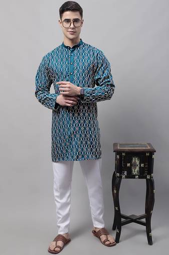 Men green embroidered cotton kurta pajama