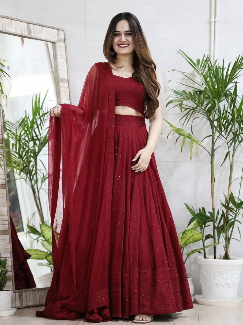 Lovely Maroon Sequins Georgette Designer Lehenga Choli With Dupatta