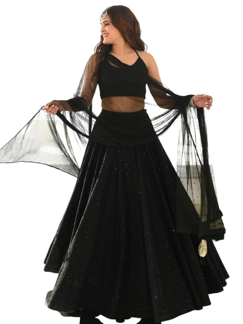 Fabulous Black Embroidered Georgette Reception Wear Lehenga Choli