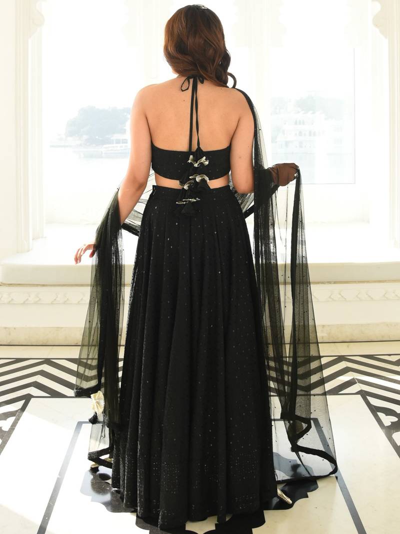 Fabulous Black Embroidered Georgette Reception Wear Lehenga Choli
