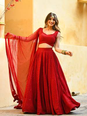 red georgette sequin work lehenga set choli with dupatta 1
