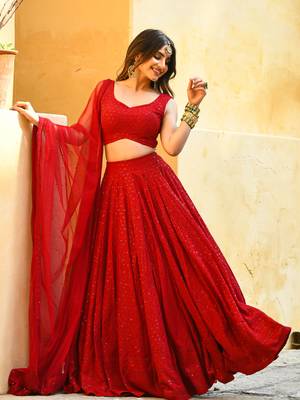 red georgette sequin work lehenga set choli with dupatta 2