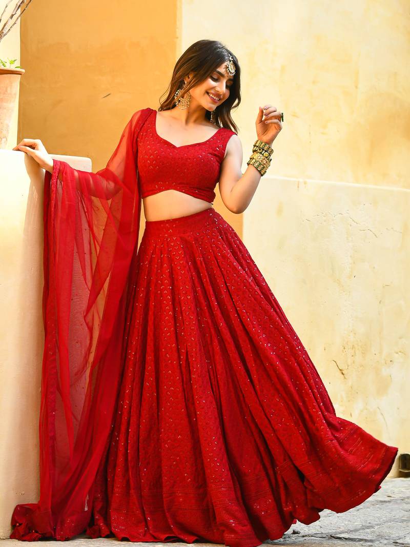 Red Georgette Sequin Work Lehenga Choli 