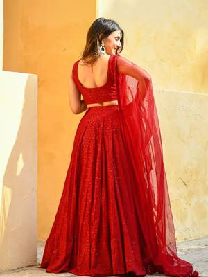 red georgette sequin work lehenga set choli with dupatta 3