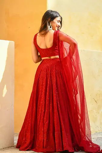 red georgette sequin work lehenga set choli with dupatta