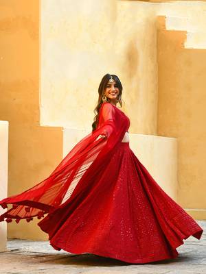 red georgette sequin work lehenga set choli with dupatta 4
