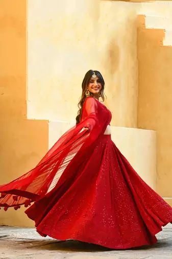 red georgette sequin work lehenga set choli with dupatta