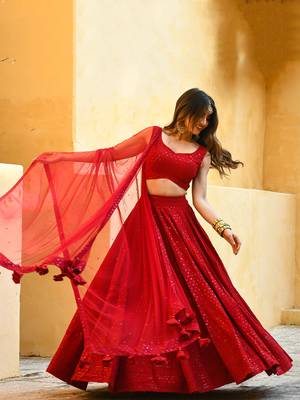red georgette sequin work lehenga set choli with dupatta 5