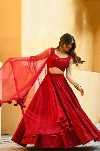 red georgette sequin work lehenga set choli with dupatta