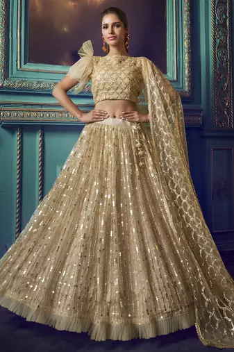 Enticing Beige Sequins Net Wedding Wear Lehenga Choli With Dupatta