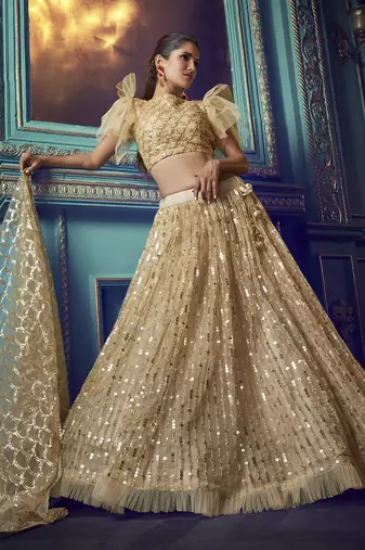 Enticing Beige Sequins Net Wedding Wear Lehenga Choli With Dupatta