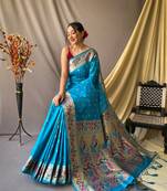 Sky blue colour pure paithani silk saree