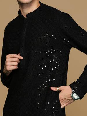 Sanwara black shimmering elegance men's chikankari with sequins kurta set 2