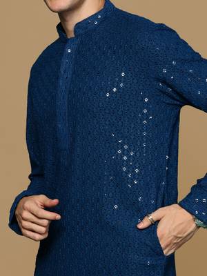 Sanwara blue shimmering elegance men's chikankari with sequins kurta set 2
