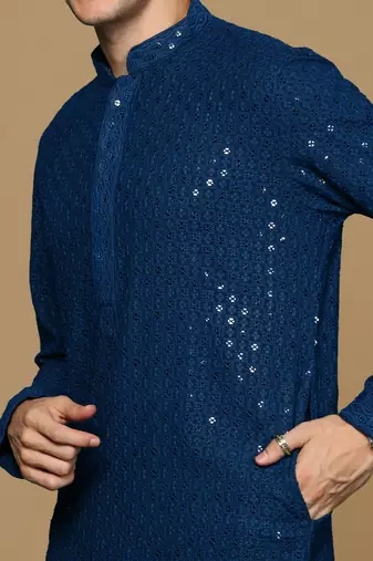 Sanwara blue shimmering elegance men's chikankari with sequins kurta set
