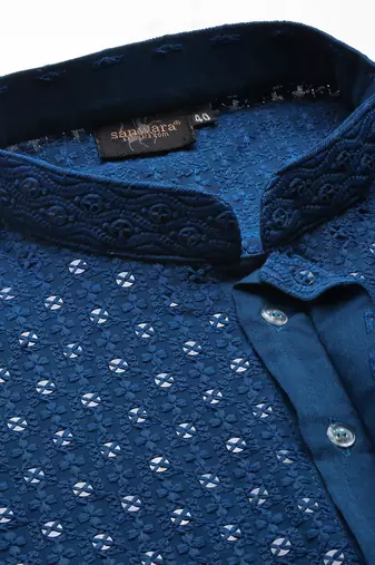 Sanwara blue shimmering elegance men's chikankari with sequins kurta set