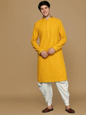 Sanwara mustard shimmering elegance men's chikankari with sequins kurta set 1