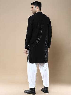 Sanwara's stylish ethnic chikankari with sequins kurta & pajama set for men 3