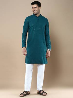Sanwara's stylish ethnic chikankari with sequins kurta & pajama set for men 1