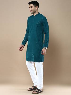 Sanwara's stylish ethnic chikankari with sequins kurta & pajama set for men 2