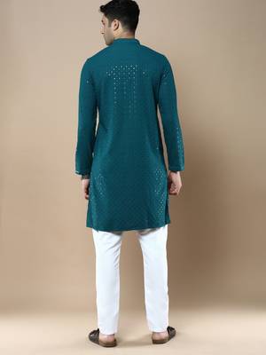 Sanwara's stylish ethnic chikankari with sequins kurta & pajama set for men 3