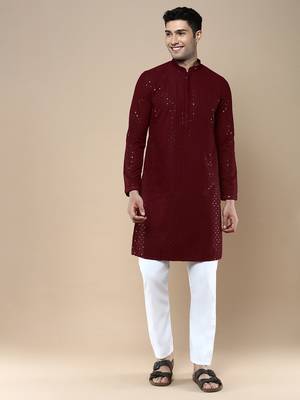 Sanwara's stylish ethnic chikankari with sequins kurta & pajama set for men 1