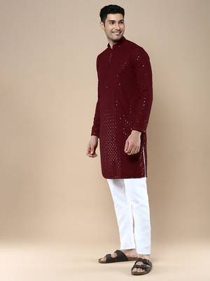 Sanwara's stylish ethnic chikankari with sequins kurta & pajama set for men 2